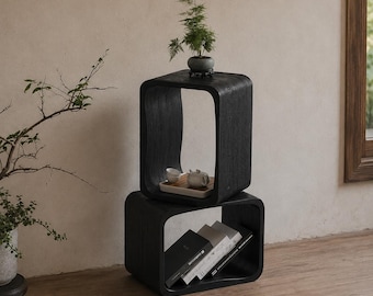 Black Oak Handmade Side Table Sculptural Wooden Nightstand.
