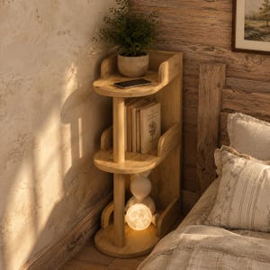 Rustic Solid Wood Corner Shelf – 3 Tier Bedside Bookcase, Japandi Plant Stand, Handmade Bedroom Organizer, Small Space Storage Solution