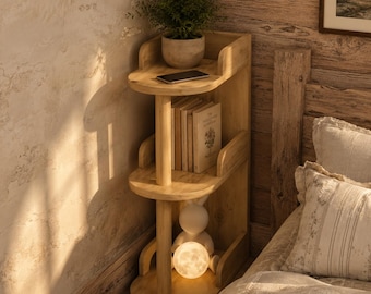 Rustic Solid Wood Corner Shelf – 3 Tier Bedside Bookcase, Japandi Plant Stand, Handmade Bedroom Organizer, Small Space Storage Solution