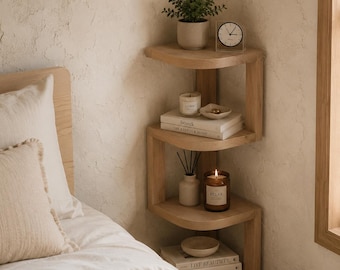 Estantería esquinera Japandi de madera maciza – Estantería geométrica de 4 niveles, soporte para plantas, decoración minimalista