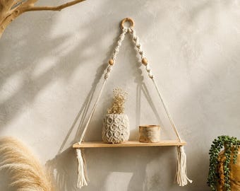 Boho Macrame Hanging Shelf, Handmade Organic Wood Shelf, Rustic Wall Decor, Floating Rope Shelf, Natural Wooden Shelf, Farmhouse Home Decor