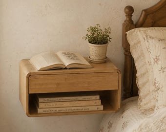 Estantería de bambú para mesita de noche con cajón, mesita de noche de pared, decoración rústica.
