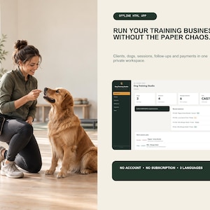 May include: A digital interface for a dog training business management application titled Dog Training Studio, featuring a dashboard with client, session, and payment tracking, alongside text stating: RUN YOUR TRAINING BUSINESS WITHOUT THE PAPER CHAOS.