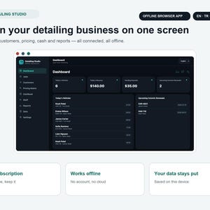 May include: A software interface titled Detailing Studio displayed on a screen, featuring a dark-themed dashboard with metrics for vehicles, revenue, and deposits. The layout includes a sidebar menu and three informational boxes highlighting offline functionality.
