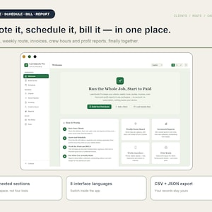 Puede incluir: Una interfaz digital para el software LawnQuote Pro mostrada en una pantalla, con un panel de control para presupuestos, programación, facturación e informes. El diseño incluye menús de navegación, un mensaje de bienvenida y pasos.