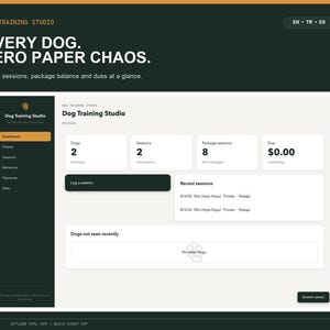 May include: A digital dashboard interface for Dog Training Studio software. The screen displays metrics including two dogs, two sessions, eight package sessions, and zero dollars due. The layout features a dark sidebar and light content area.