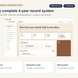 Homeschool Transcript Studio — Application de création de relevés de notes du secondaire et de calcul de la moyenne cumulative, descriptions de cours, système de dossiers scolaires multi-élèves sur 4 ans
