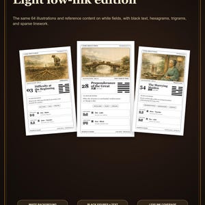 Peut inclure: Une &eacute;dition l&eacute;g&egrave;re &agrave; faible consommation d'encre de cartes d'oracle I-Ching, comprenant trois cartes blanches avec du texte noir, des hexagrammes, des trigrammes et des lignes &eacute;pur&eacute;es. Les cartes pr&eacute;sentent des illustrations et des titres descriptifs.