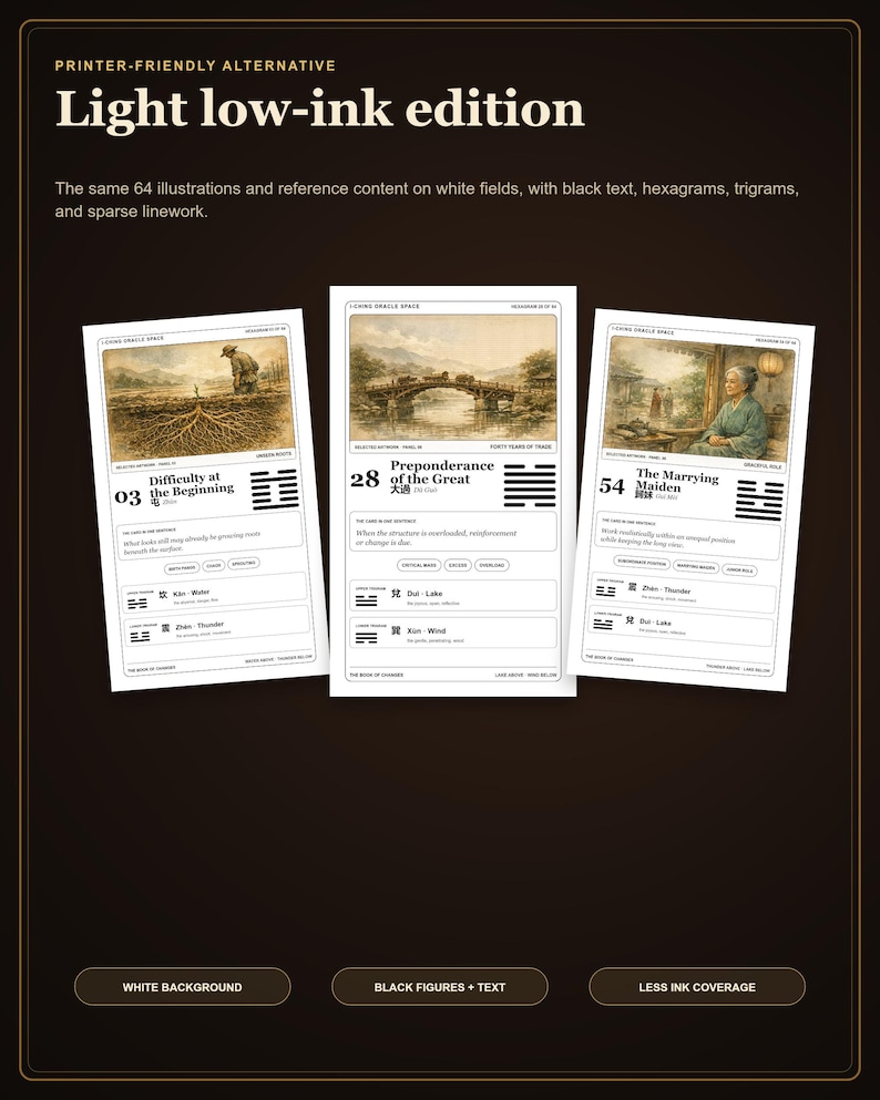 Peut inclure: Une &eacute;dition l&eacute;g&egrave;re &agrave; faible consommation d'encre de cartes d'oracle I-Ching, comprenant trois cartes blanches avec du texte noir, des hexagrammes, des trigrammes et des lignes &eacute;pur&eacute;es. Les cartes pr&eacute;sentent des illustrations et des titres descriptifs.
