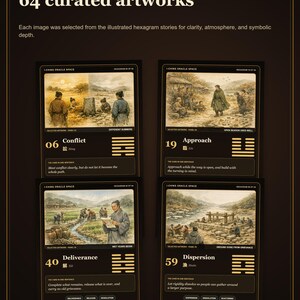 Peut inclure: Un ensemble de quatre cartes oracle rectangulaires pr&eacute;sentant des illustrations et du texte. Chaque carte affiche un hexagramme num&eacute;rot&eacute;, un titre comme Conflict, Approach, Deliverance ou Dispersion, et une phrase descriptive sur fond noir et or.