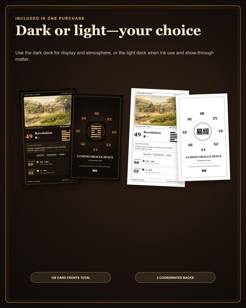 Peut inclure: Un jeu de cartes I-Ching Oracle Space comprenant 128 faces et 2 dos coordonn&eacute;s. Les cartes sont disponibles en versions sombre et claire, affichant le texte 'Revolution', '49' et 'I-CHING ORACLE SPACE' avec divers symboles.