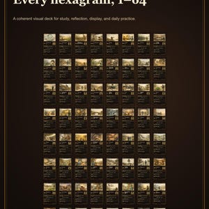 Peut inclure: Une affiche brun fonc&eacute; intitul&eacute;e THE COMPLETE SEQUENCE Every hexagram, 1-64. Elle pr&eacute;sente une grille de 64 cartes individuelles, chacune comportant une illustration unique, un num&eacute;ro et du texte. Le texte sous le titre indique : A coherent visual deck for study, reflection, display, and daily practice.