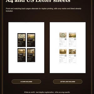 Peut inclure: Une mise en page num&eacute;rique pour feuilles A4 et US Letter pr&eacute;sentant quatre cartes rectangulaires par page. Le design inclut des pages recto et verso pour impression recto verso avec rep&egrave;res de coupe et fonds perdus. Texte : Ready to Print, A4 and US Letter sheets, A4 Dark Included, Letter Light Included, Print at 100% test duplex registration trim on crop marks.