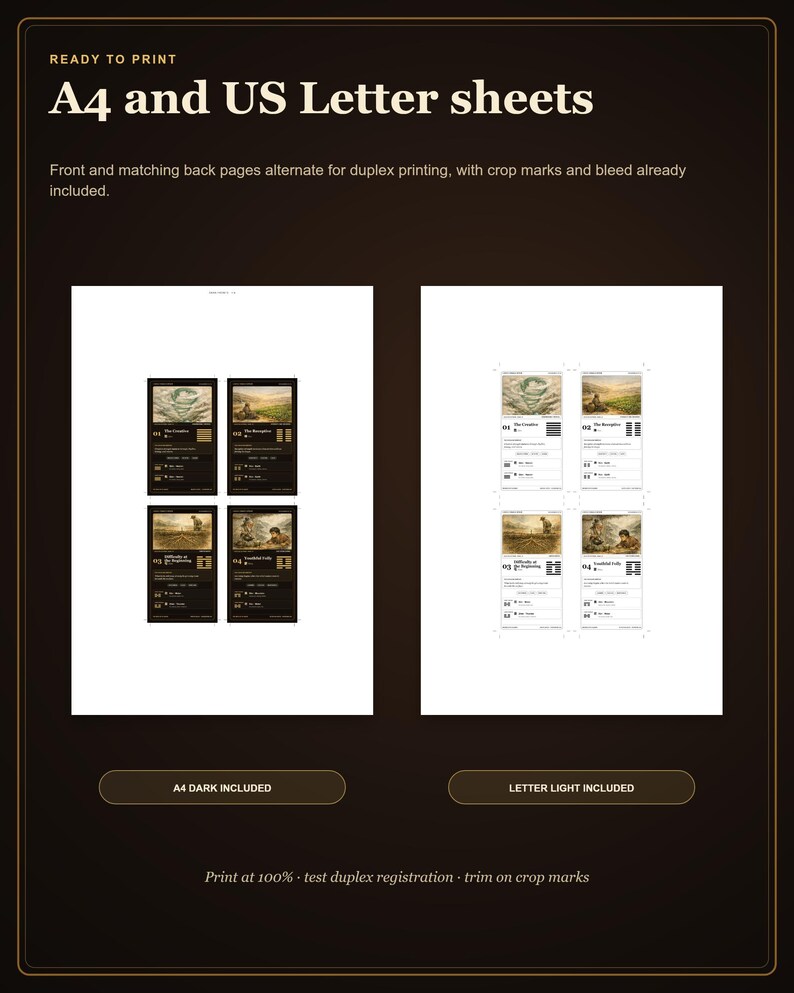 Peut inclure: Une mise en page num&eacute;rique pour feuilles A4 et US Letter pr&eacute;sentant quatre cartes rectangulaires par page. Le design inclut des pages recto et verso pour impression recto verso avec rep&egrave;res de coupe et fonds perdus. Texte : Ready to Print, A4 and US Letter sheets, A4 Dark Included, Letter Light Included, Print at 100% test duplex registration trim on crop marks.