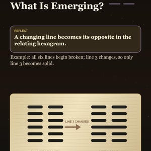 May include: An infographic from I-Ching Oracle explaining relating hexagrams. The text reads "Relating Hexagram: What Is Emerging?" and includes an example of how a changing line becomes its opposite. The graphic shows a visual representation of the concept.