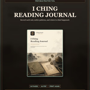 Diario de lectura del I Ching en PDF / Registro oracular imprimible de 64 páginas, guía de trigramas y mapa del rey Wen.
