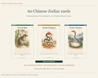 Peut inclure: Un jeu de 60 cartes du zodiaque chinois illustrant un rat de bois, un dragon de terre et un serpent d'eau. Chaque carte présente un titre, une image d'animal et une question réflexive. L'ensemble comprend 60 faces illustrées, des dos assortis et un guide de 38 pages aux formats A4 et US Letter.
