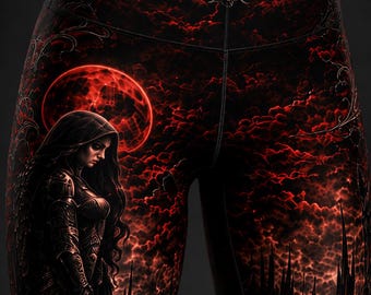 Gothic Dark Angel Leggings, Blood Moon Cathedral Yoga Pants, Red Black High Waisted All Over Print Leggings, Gothic Women’s Activewear