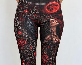 Gothic Leggings for Women, Red Roses and Raven Print, Blood Moon Dark Romance
