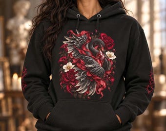 Gothic Black Swan Hoodie, Rode Kristallen Rozen, DTFlex Print (Zwart)