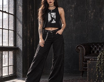 Gothic Portrait Crop Tank, Black Alternative Sleeveless Top, Dark Art Graphic Shirt