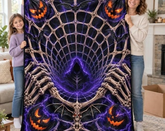 Gothic Halloween Blanket, Purple Spiderweb Throw with Pumpkins, Bats and Skeleton Hands