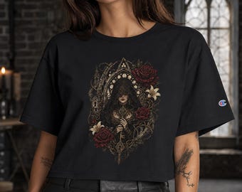 Champion Goth Crop Top, Donkere Romantische Gotische Roze Art Nouveau T-shirt