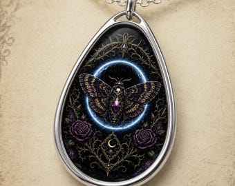 Gothic Death's Head Moth Pendant Necklace, Poisoned Moonlight Artwork, Halloween Jewelry
