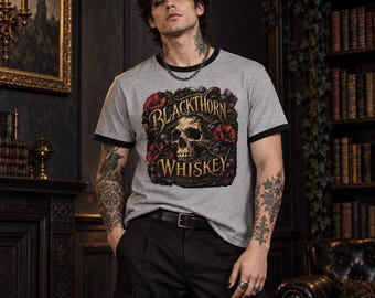 Gothic Whiskey Skull Shirt, Vintage Blackthorn Ringer Tee, Dark Floral Graphic T-Shirt