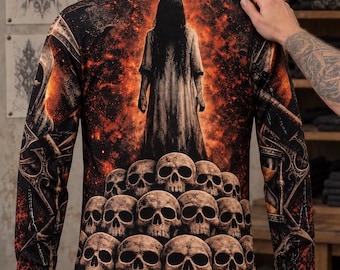 Summerween Skull Shirt, Jack-o-Lantern, Grim Reaper, All-Over Print Long Sleeve (Men's)