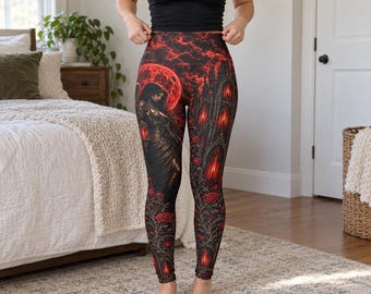 Gothic Leggings, High Waisted Blood Moon, Dark Angel and Cathedral Print, Black and Red