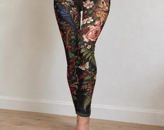 Gothic Woodland Leggings for Women, Dark Floral Raven, Hare and Fox Print, XS–2XL