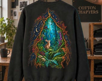 Geborduurd motten-sweatshirt, trui met ronde hals en konijn uit het betoverde bos, Whimsigoth gotische natuurtrui