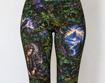 Forest Leggings for Women, Dark Cottagecore Woodland Print with Wolf, Fox and Raven