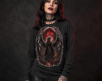 Gotisch shirt met lange mouwen, Dark Angel Blood Moon T-shirt, zwart unisex topje