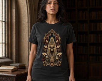 Gothic Stained Glass Veiled Woman Tee, Botanical Art, Whimsigoth Dark Academia Shirt