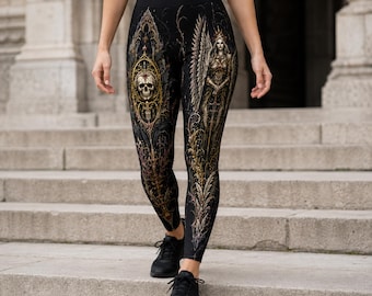 Occult Leggings for Women, Gothic Skull Cathedral Yoga Pants