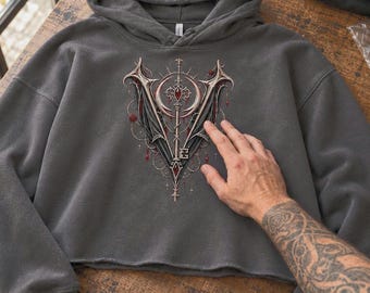 Women’s Gothic Cropped Hoodie, Dark Romantic Veilkeeper Logo Sweatshirt, Alternative Streetwear
