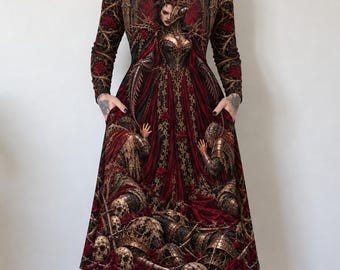 Gotische midi-jurk met bidsprinkhaanmotief, lange mouwen en zakken, zwart en rood