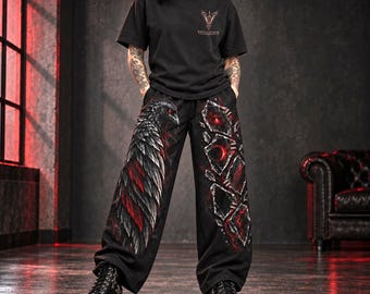 Gotische wijde broek, zwart-rode all-over print, alternatieve streetwear