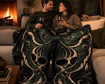 Gothic Moth Skull Fleece Blanket, Dark Cottagecore Throw, Halloween Gift
