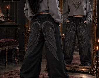 Gothic Wide Leg Pants, Heavyweight Cotton, Raven Print, Unisex Streetwear