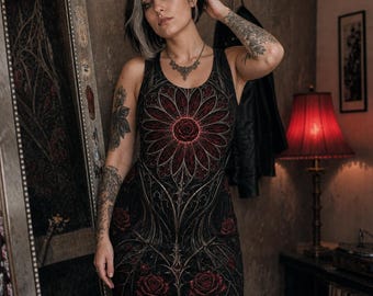 Gothic Rose Bodycon Dress, Stained Glass Dark Romance Mini Dress, Halloween Outfit