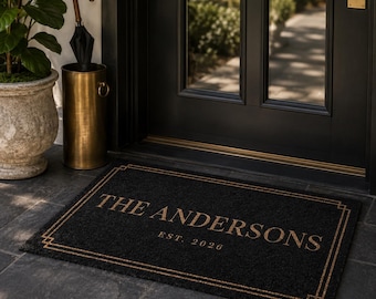 Personalized Family Name Doormat, Elegant Custom Last Name Welcome Mat, Est Date, Black Gold Art Deco Faux Coir Door Mat, Housewarming Gift