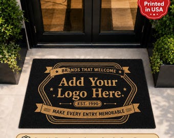 Black Business Logo Doormat, Custom Company Welcome Mat, Durable Faux Coir No-Shed Waterproof, Heavy Duty Office Storefront Logo Rug