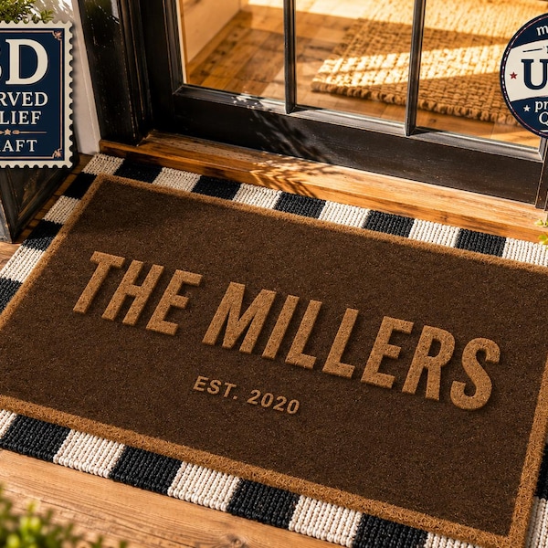 Personalized Family Name Doormat, 3D Carved Relief Welcome Mat, Custom Last Name & Est Date, Housewarming Gift, Closing Gift, Wedding Gift