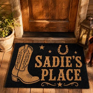 May include: A rectangular black doormat featuring a tan cowboy boot graphic on the left side, a horseshoe, and four stars. The text SADIE'S PLACE is printed in large tan capital letters in the center, with a decorative scroll design below.