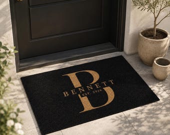 Monogram Family Name Doormat, Custom Last Name Welcome Mat, Modern Black Faux Coir Door Mat, Wedding Housewarming Closing Gift, Personalized