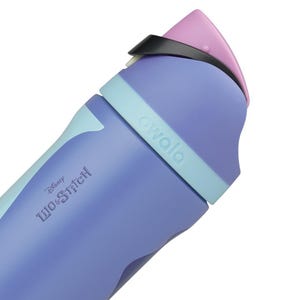May include: A purple and light blue water bottle with a pink top and black accents. The bottle has the text "Disney Lilo & Stitch" and the brand name "owala".