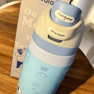 K&ouml;nnte beinhalten: Eine hellblaue und cremefarbene Wasserflasche mit einem Druckknopfdeckel und den W&ouml;rtern "Push Button" und "Lift to Unlock" darauf. Die Flasche hat ein Cartoon-Design und die Worte "FreeSip Spout" sind sichtbar.